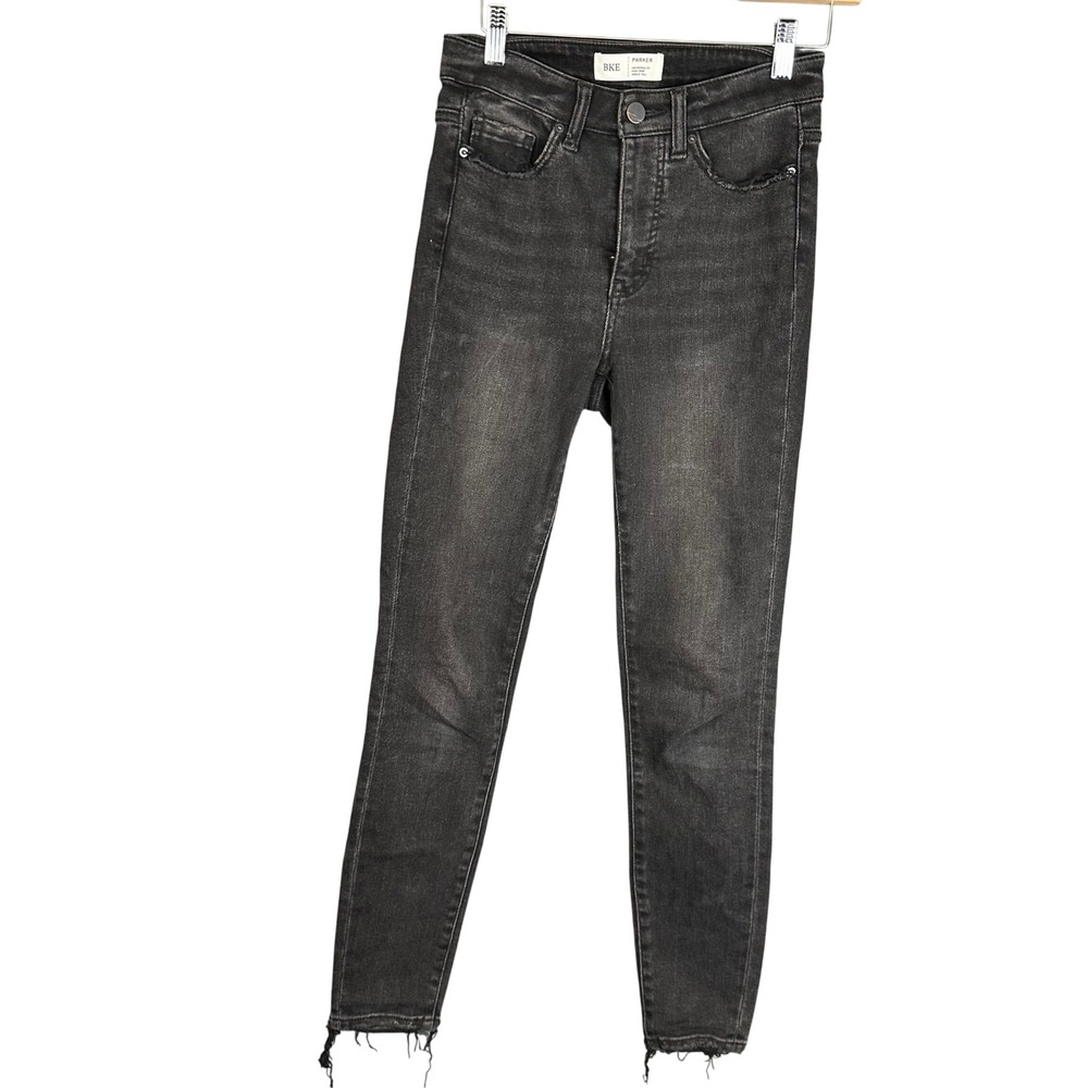 BKE Parker High Rise Ankle Tall Skinny Jeans Faded Black Frayed Hem 23x29